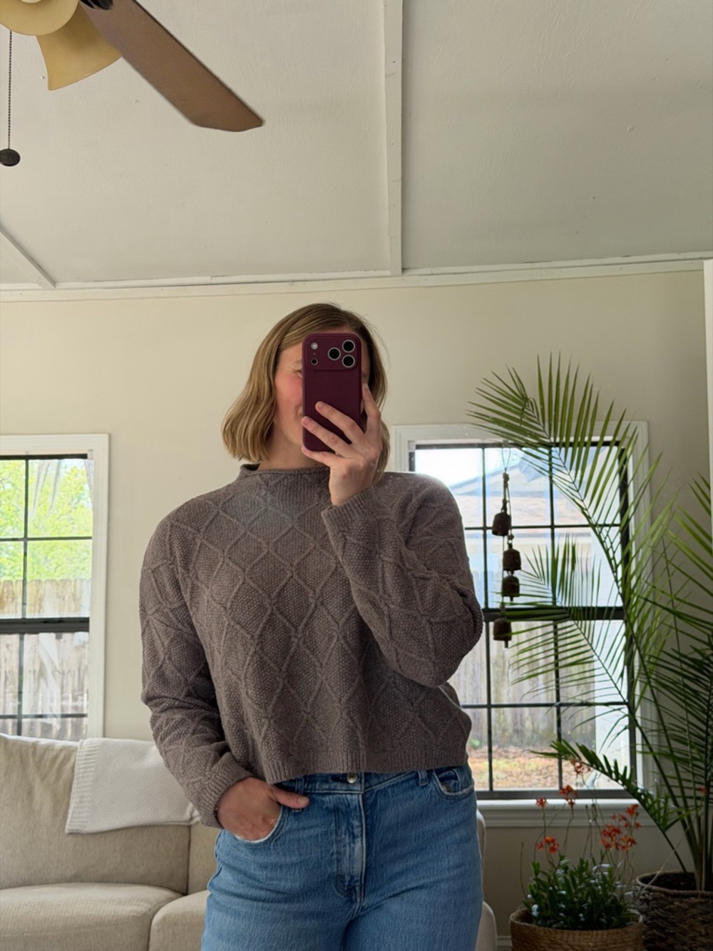 Old Navy Taupe Diamond-Textured Crewneck Sweater